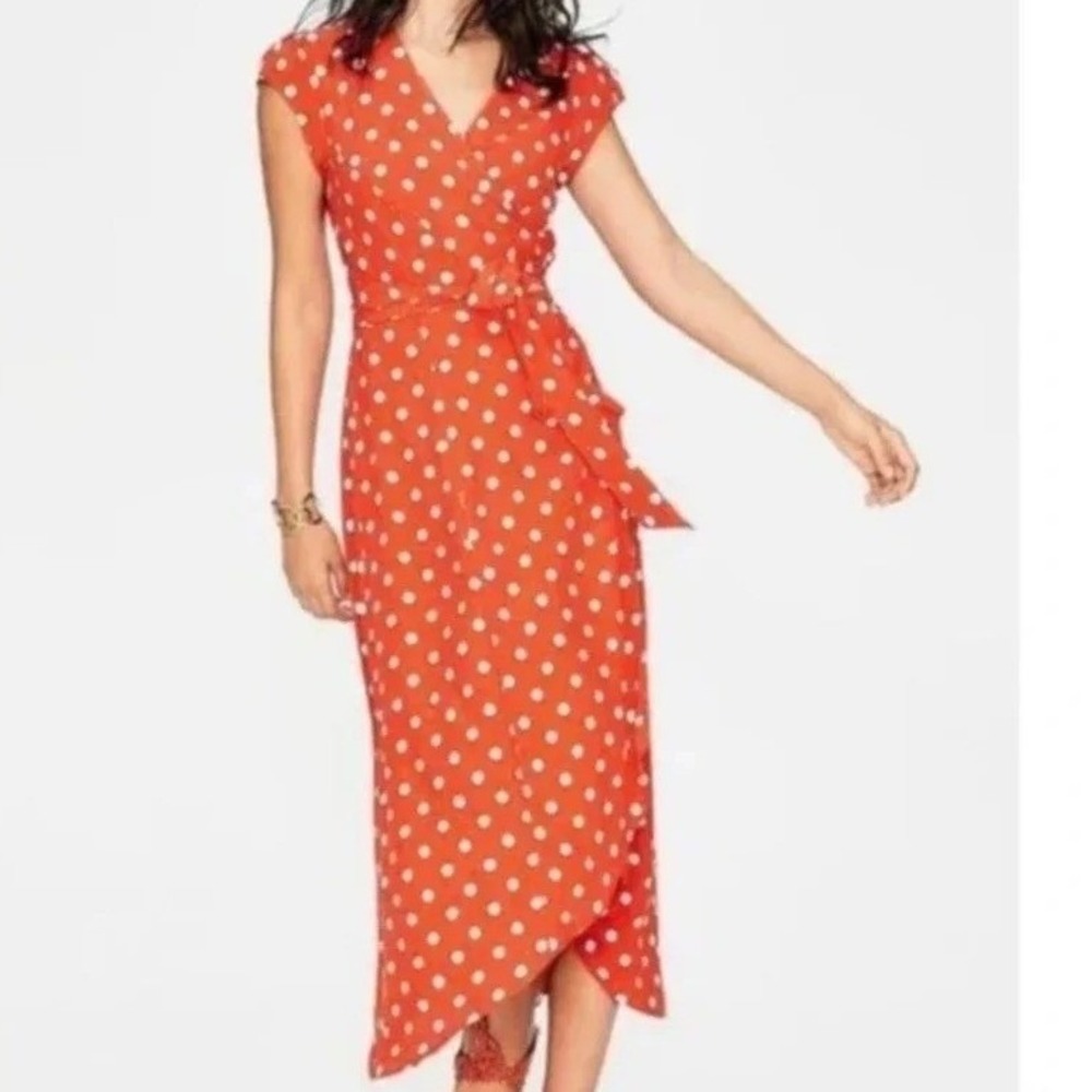 Boden Women's Antonia Wrap Midi Dress Blood Orange Size 10R Fall Polka Dot